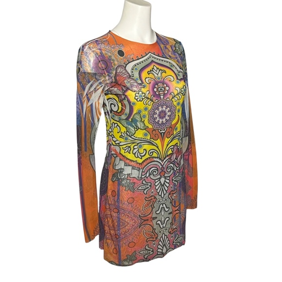 Viviana G Tee's Vibrant Psychedelic Print Mesh Top Stretchy Long Sleeve sz Large - Picture 5 of 10